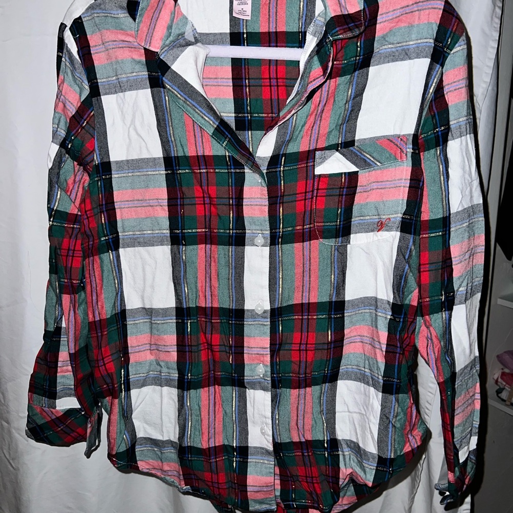 Victoria Secret Plaid Button-Up Shirt in Red, Green, and White